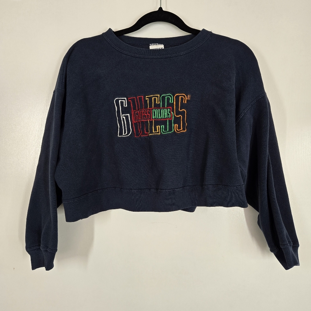 Guess Blue Embroidered Guess Colors Crew Neck Sweatshirt 1990s OSFM Cropped Boxy